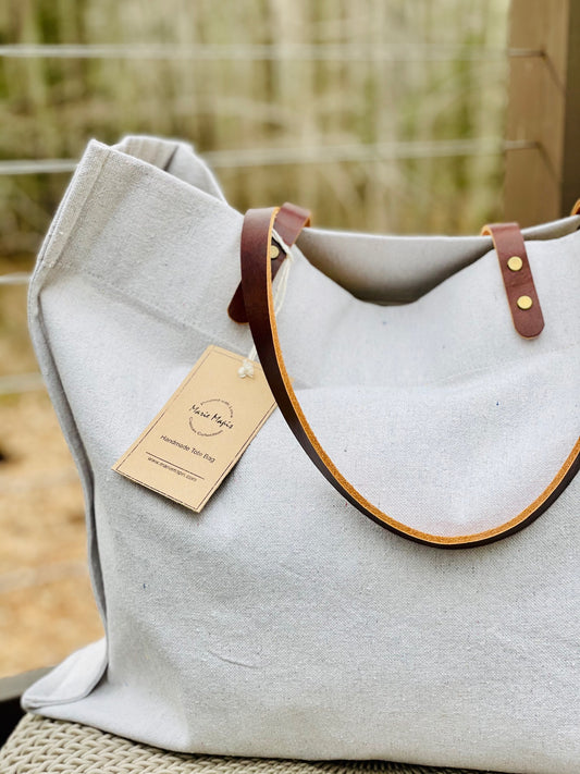 Canvas Tote Bag with Genuine Leather Handles