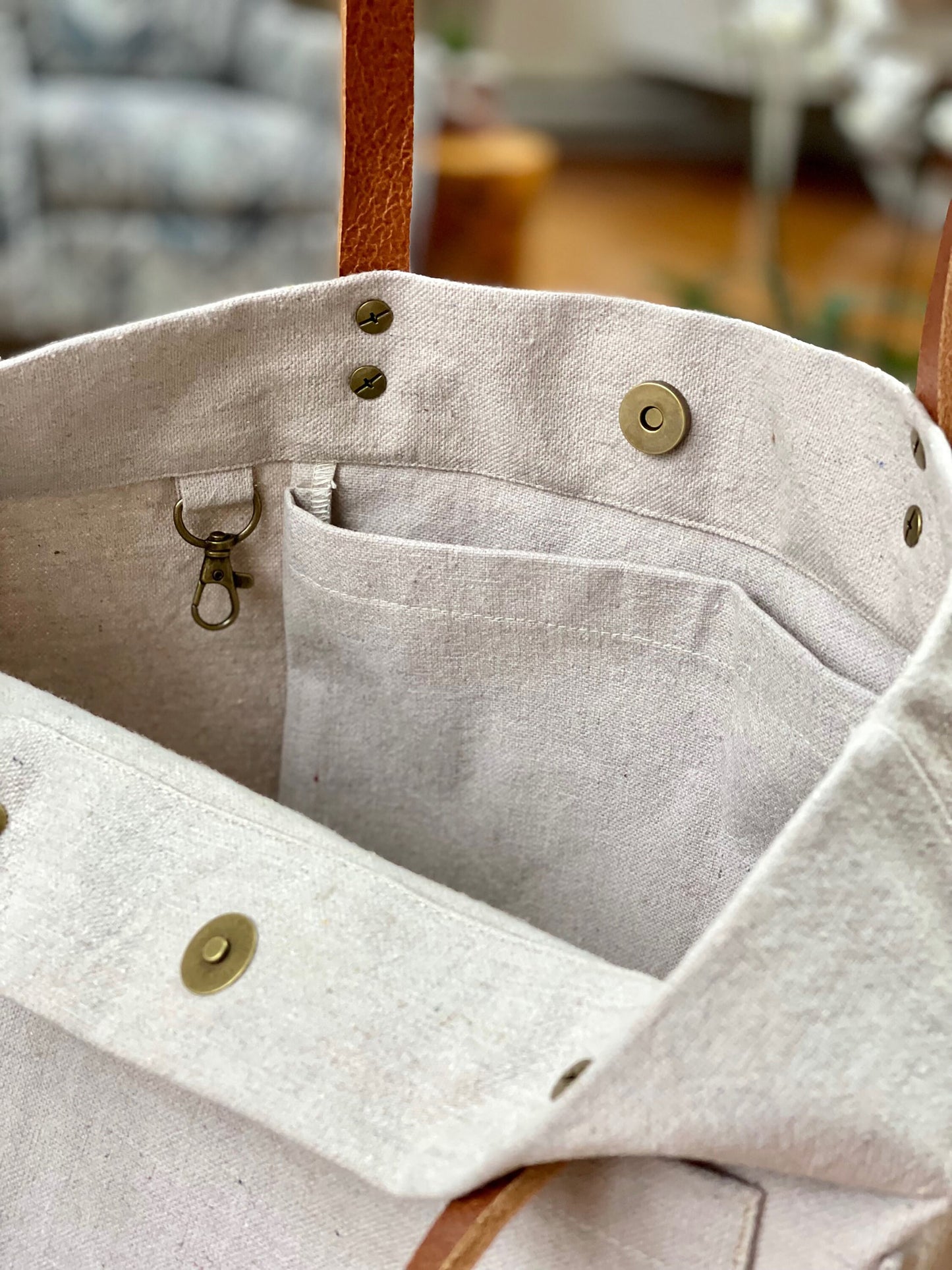 Taupe dyed Canvas - Tote Bag with outside pockets and Genuine Leather Handles. Recycled, Eco Friendly