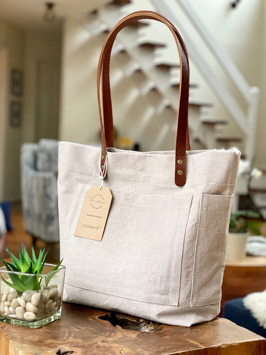 Taupe dyed Canvas - Tote Bag with outside pockets and Genuine Leather Handles. Recycled, Eco Friendly