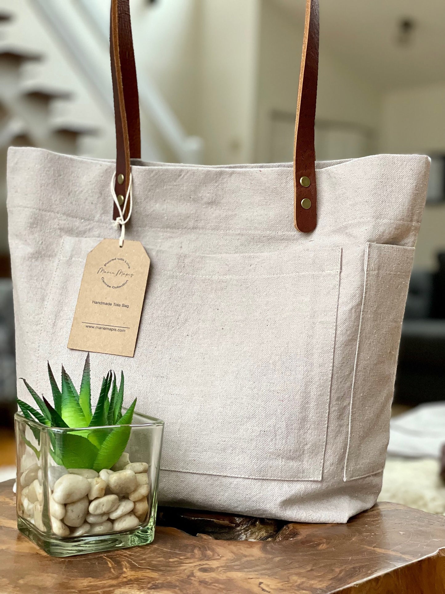 Taupe dyed Canvas - Tote Bag with outside pockets and Genuine Leather Handles. Recycled, Eco Friendly