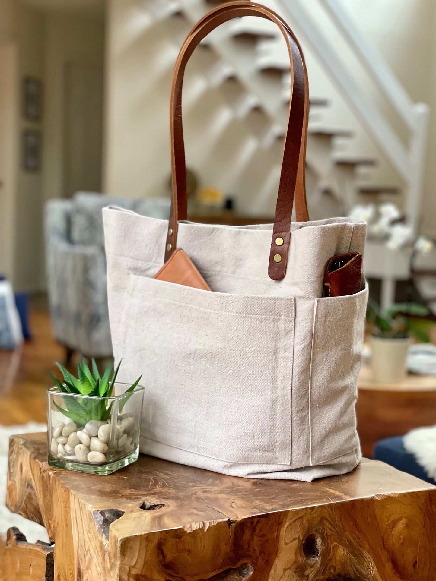 Taupe dyed Canvas - Tote Bag with outside pockets and Genuine Leather Handles. Recycled, Eco Friendly