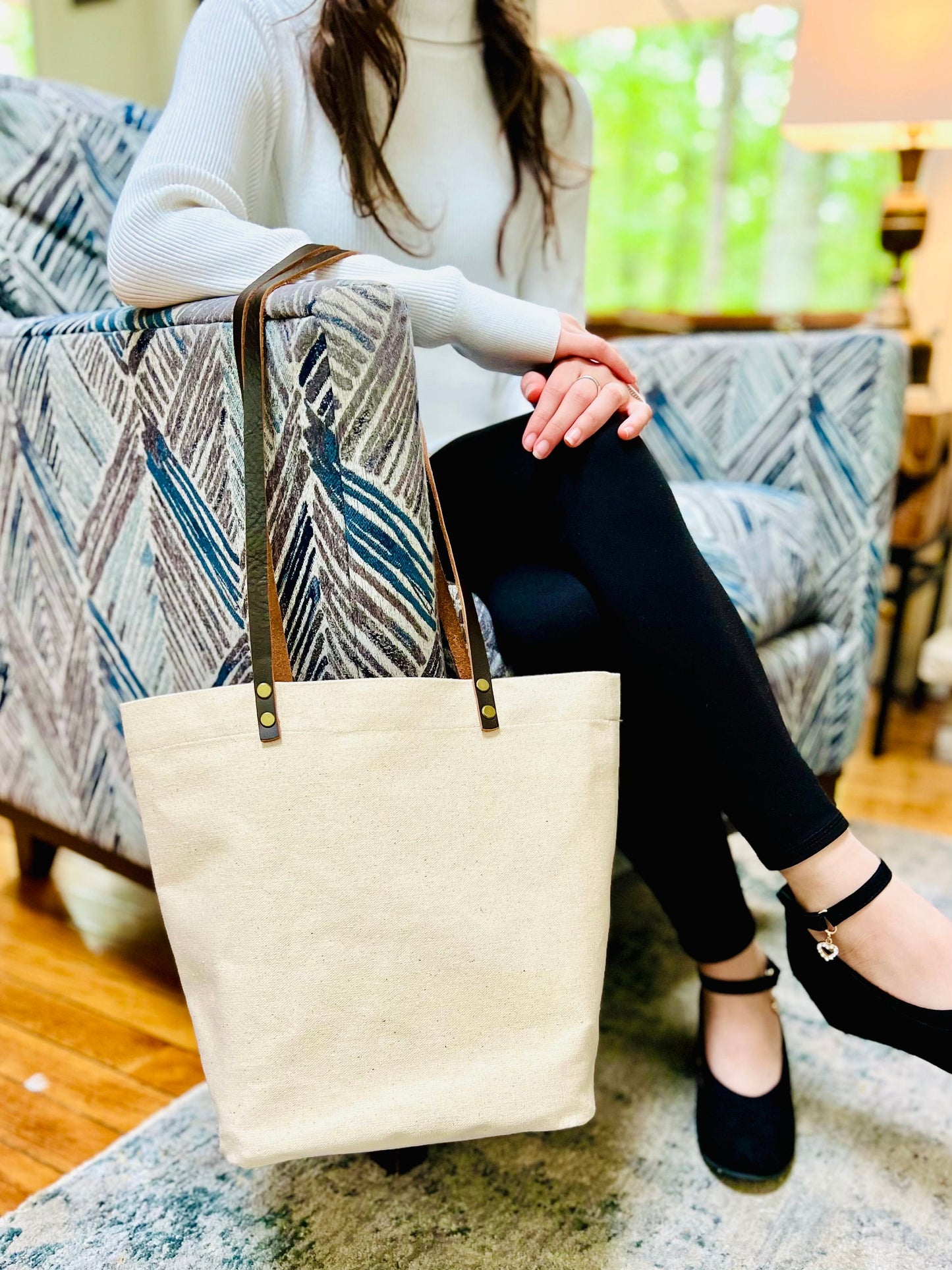 Natural Canvas Tote Bag with Genuine Leather Handles