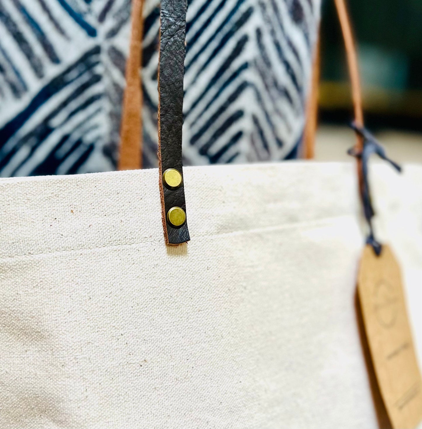 Natural Canvas Tote Bag with Genuine Leather Handles